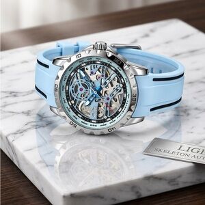 Lige Luxury Skeleton Dial Watch- Ice Blue And Silver. Unisex. NWOT